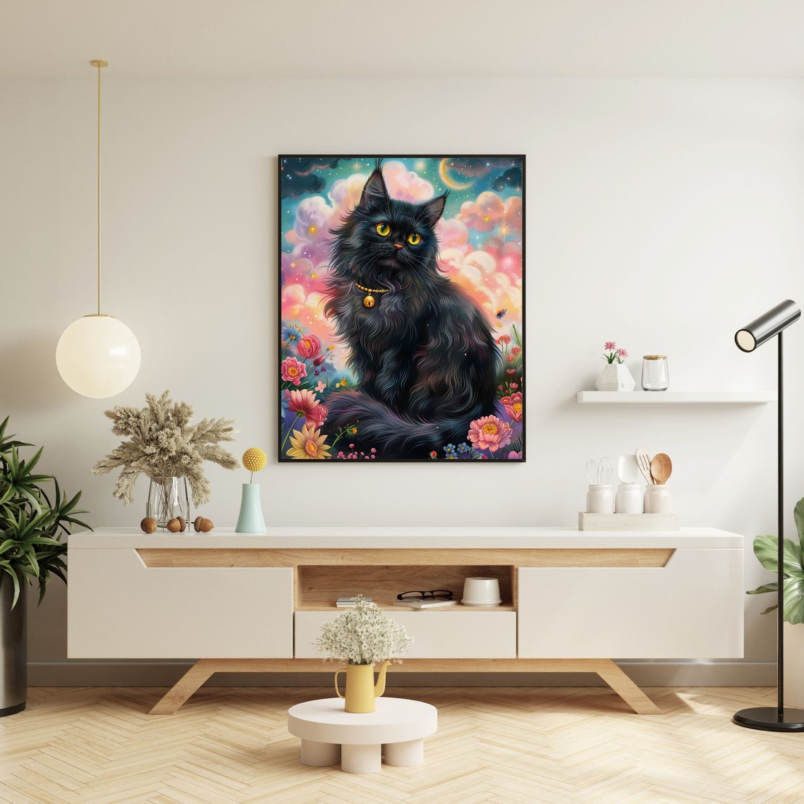 Dreamy Black Cat Fantasy Poster With Flowers Under Cosmic Night Sky - Image 9