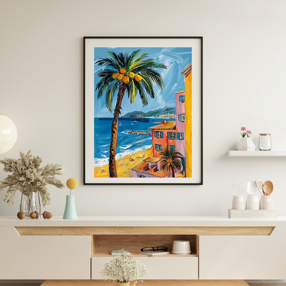 Tall Palm Tree Overlooking a Colorful Beach and Sailboats Poster - Image 8