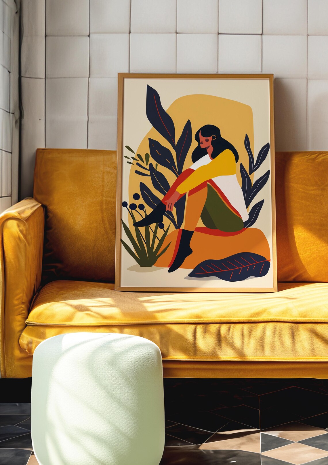 Seated Woman Among Bold Botanical Leaves Boho Nature Illustration Poster - Image 3