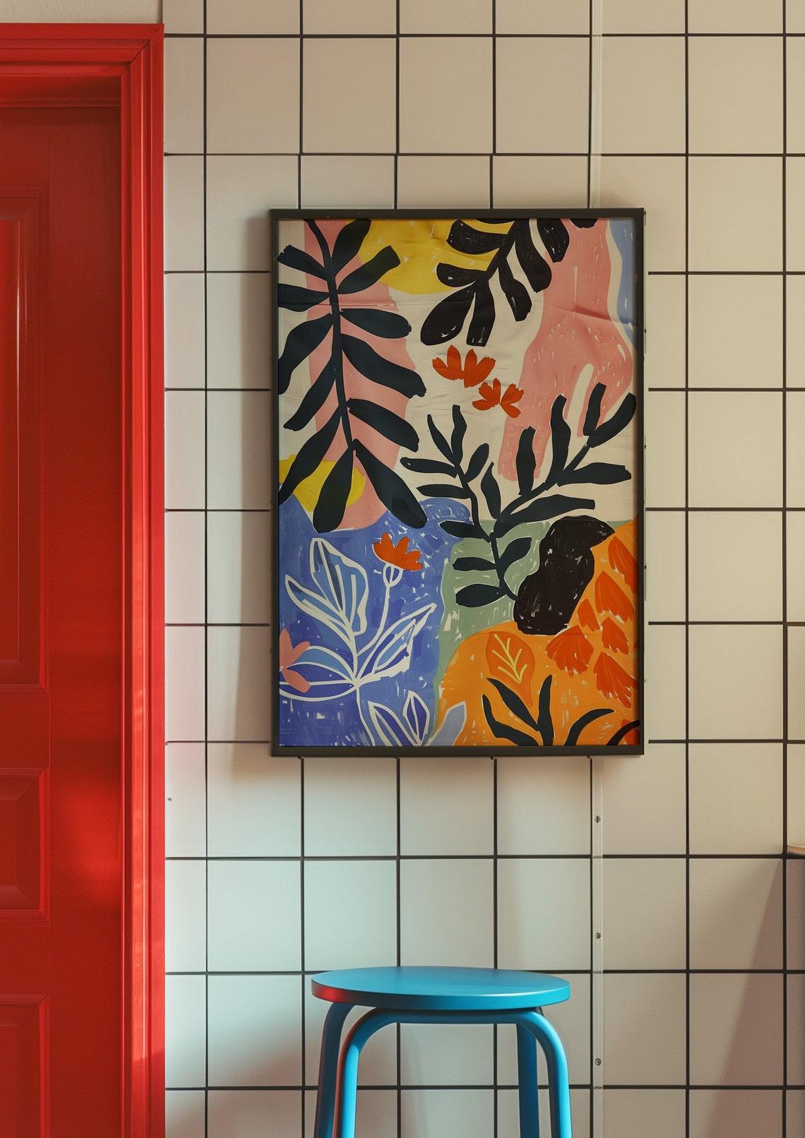 Tropical Leaves Black Fronds Orange Blooms Abstract Wall Art - Image 5