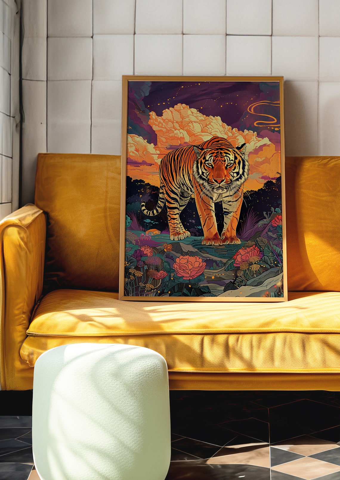 Tiger Walking Through a Vibrant Night Jungle with Flowers Poster - Image 3