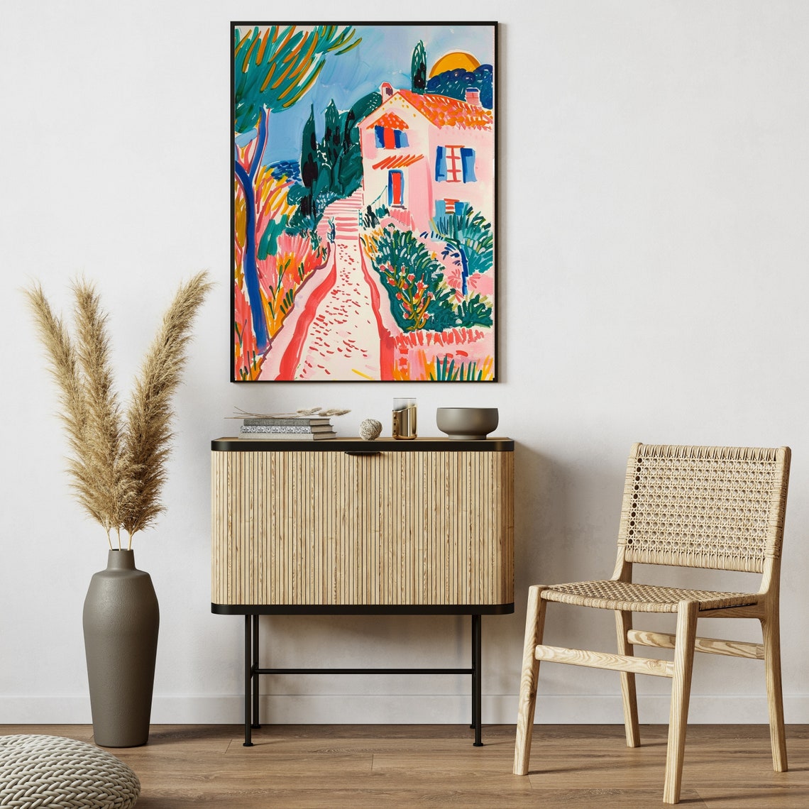 Charming Pink House Path with Cypress Trees at Sunset Art Poster - Image 5