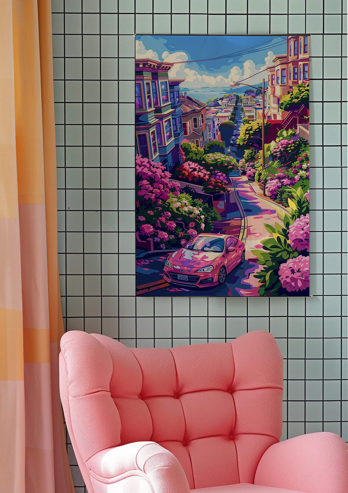 Joyful Hilly City Street with a Pink Car and Blooming Flowers Poster - Image 7