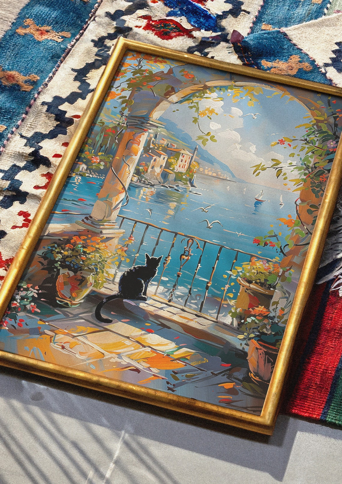 Black Cat Sitting on a Sunny Terrace Overlooking the Blue Sea Poster - Image 3