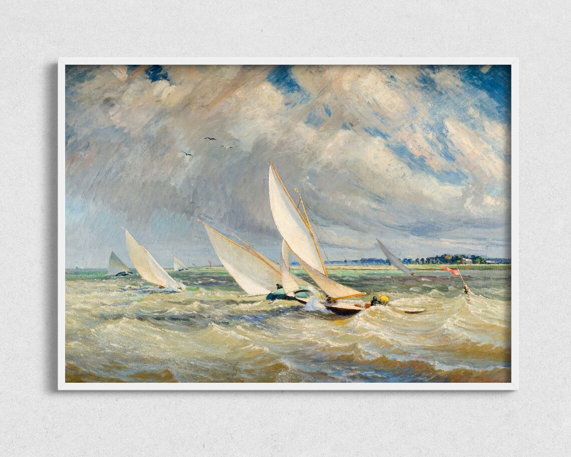 Sailing Vintage Nautical Art Print, Sailboat Racing