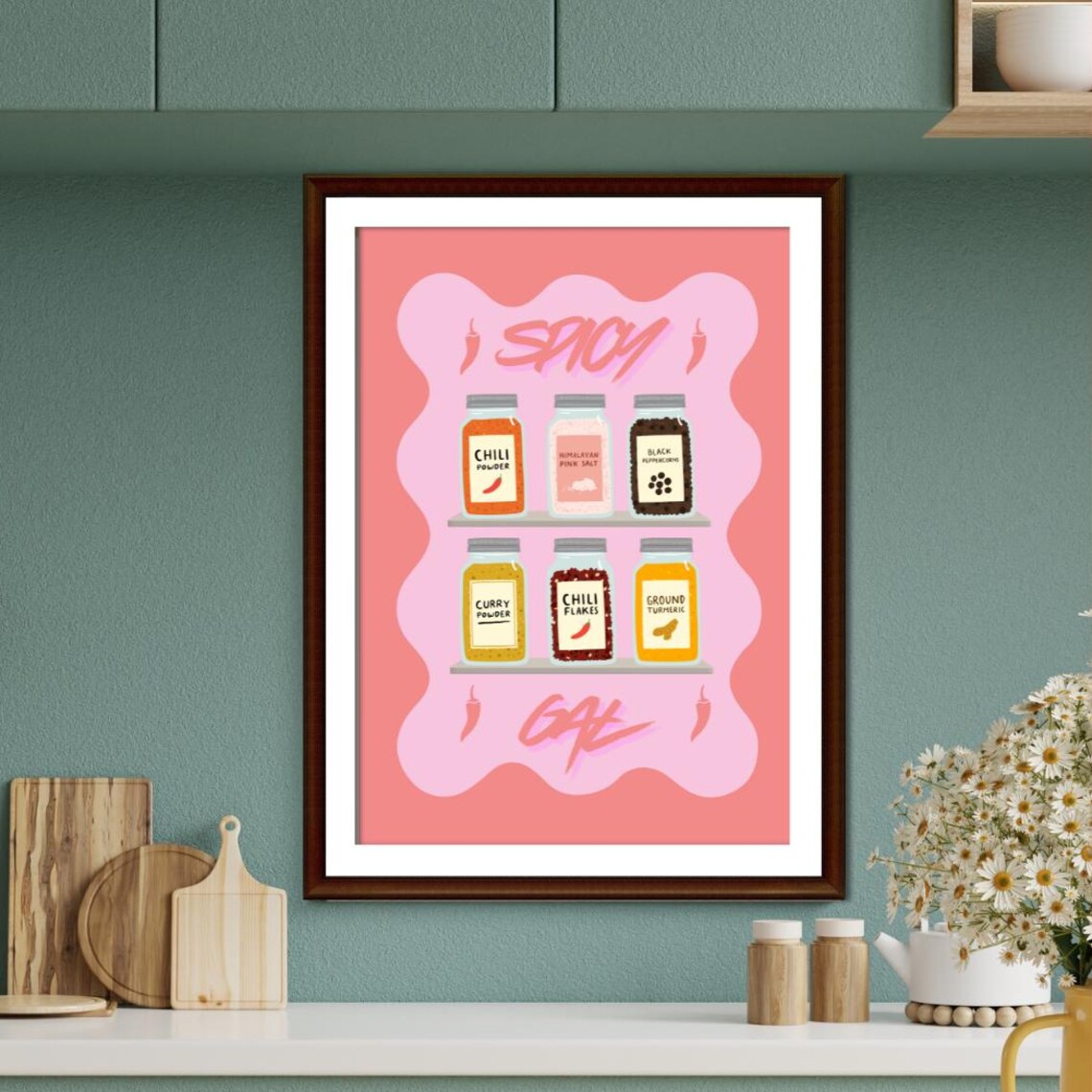 Spicy Gal Chili Kitchen Print With Pink Retro Spice Jars Decor