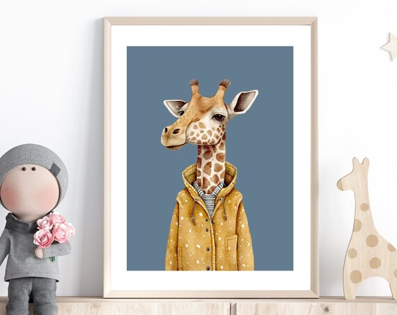 Giraffe in Mustard Polka Dot Raincoat Watercolor Nursery Art Print