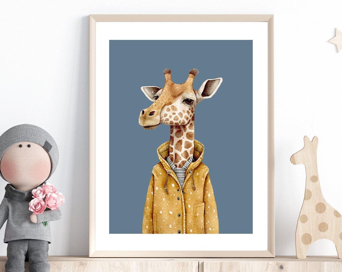 Giraffe in Mustard Polka Dot Raincoat Watercolor Nursery Art Print