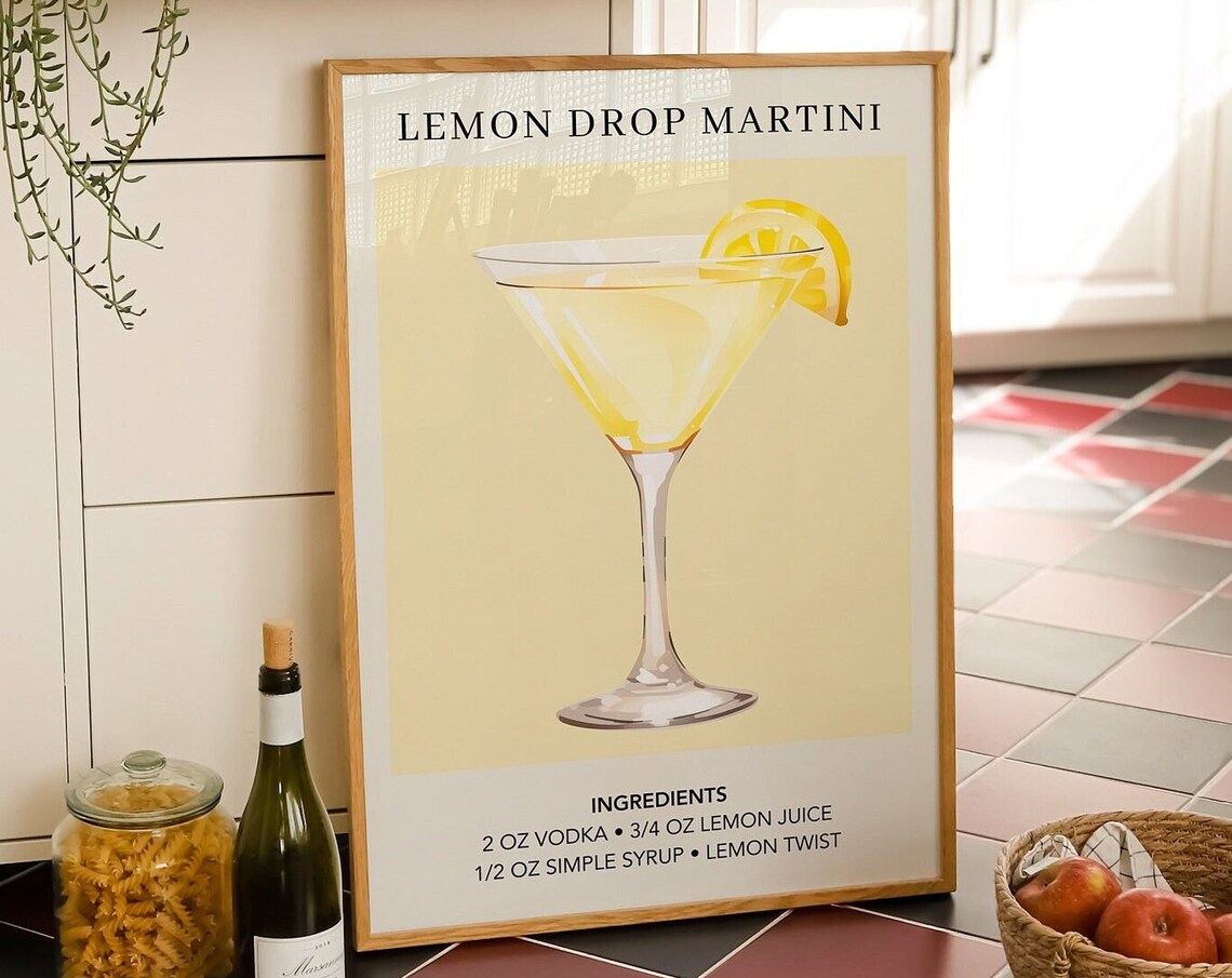 Lemon Drop Vodka Cocktail Art Print, Bar Cart Decor