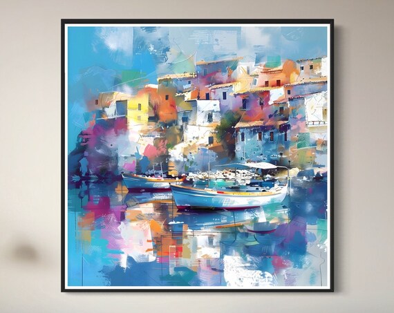 Colorful Mediterranean Harbor Town Boats Blue Water Abstract Poster