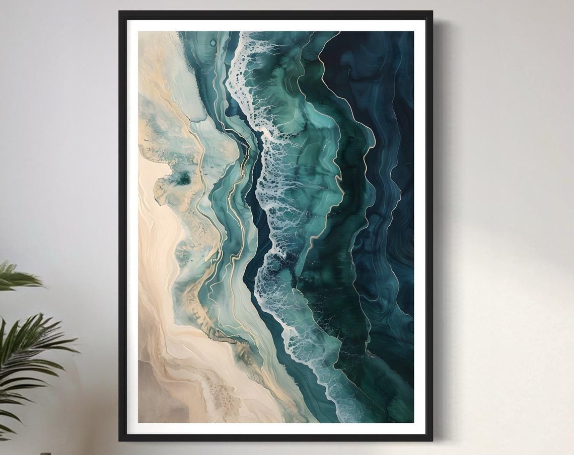Sandy Beach Ocean Waves Abstract Teal Cream Coastal Wall Art Print