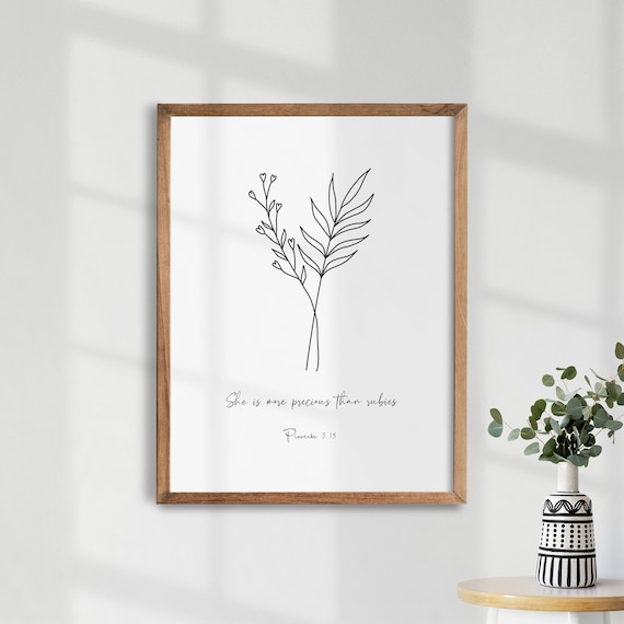 Proverbs 3 15 More Precious Than Rubies Botanical Line Art Poster