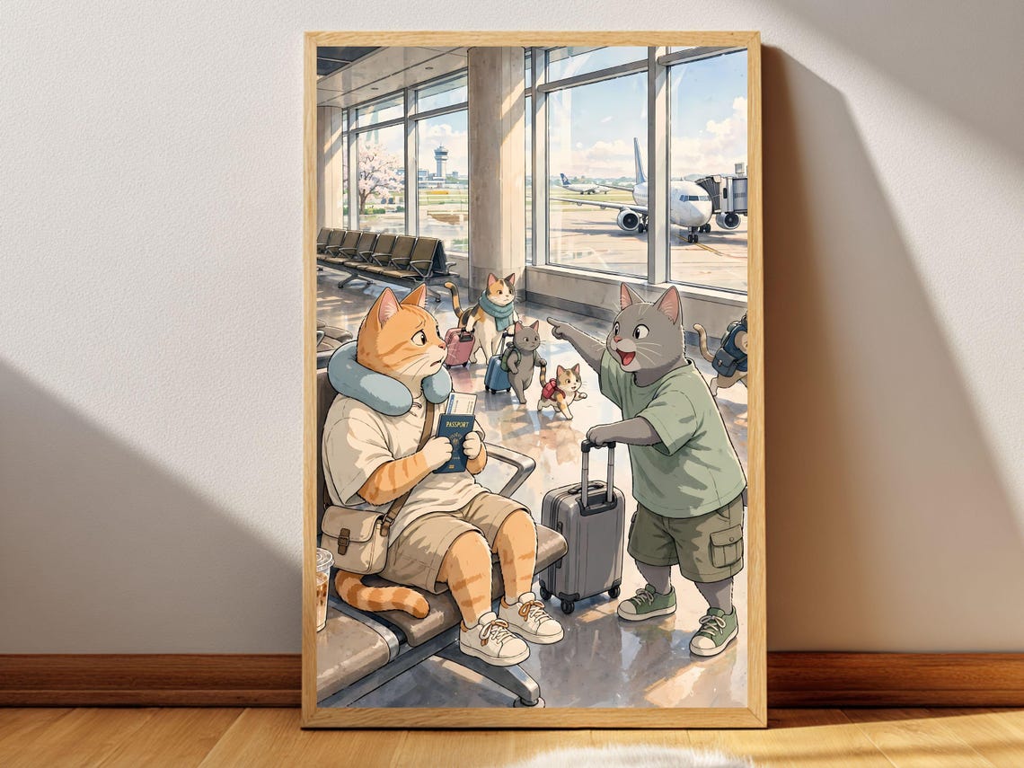 Departure Gate Cat Poster Printable Wall Art Digital Download