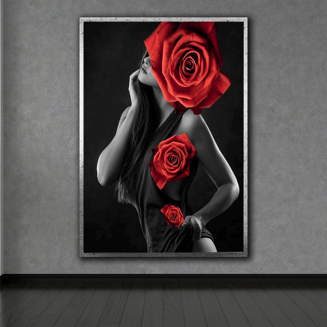 Woman With Giant Red Roses Black and White Fashion Art Photo Poster
