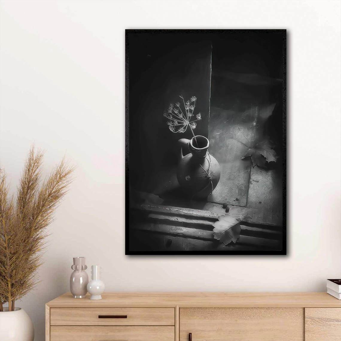 Black and White Still Life Vase With Dried Flower Minimalist Art Print - Image 3