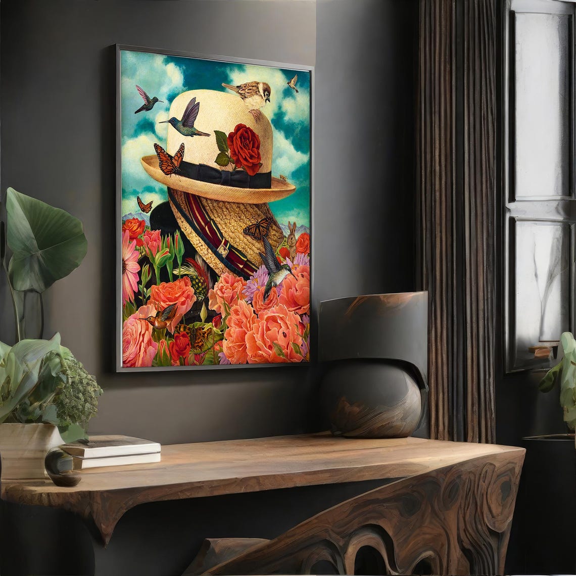 Straw Hat Surrounded by Birds Butterflies and Roses Surreal Art Poster - Image 4