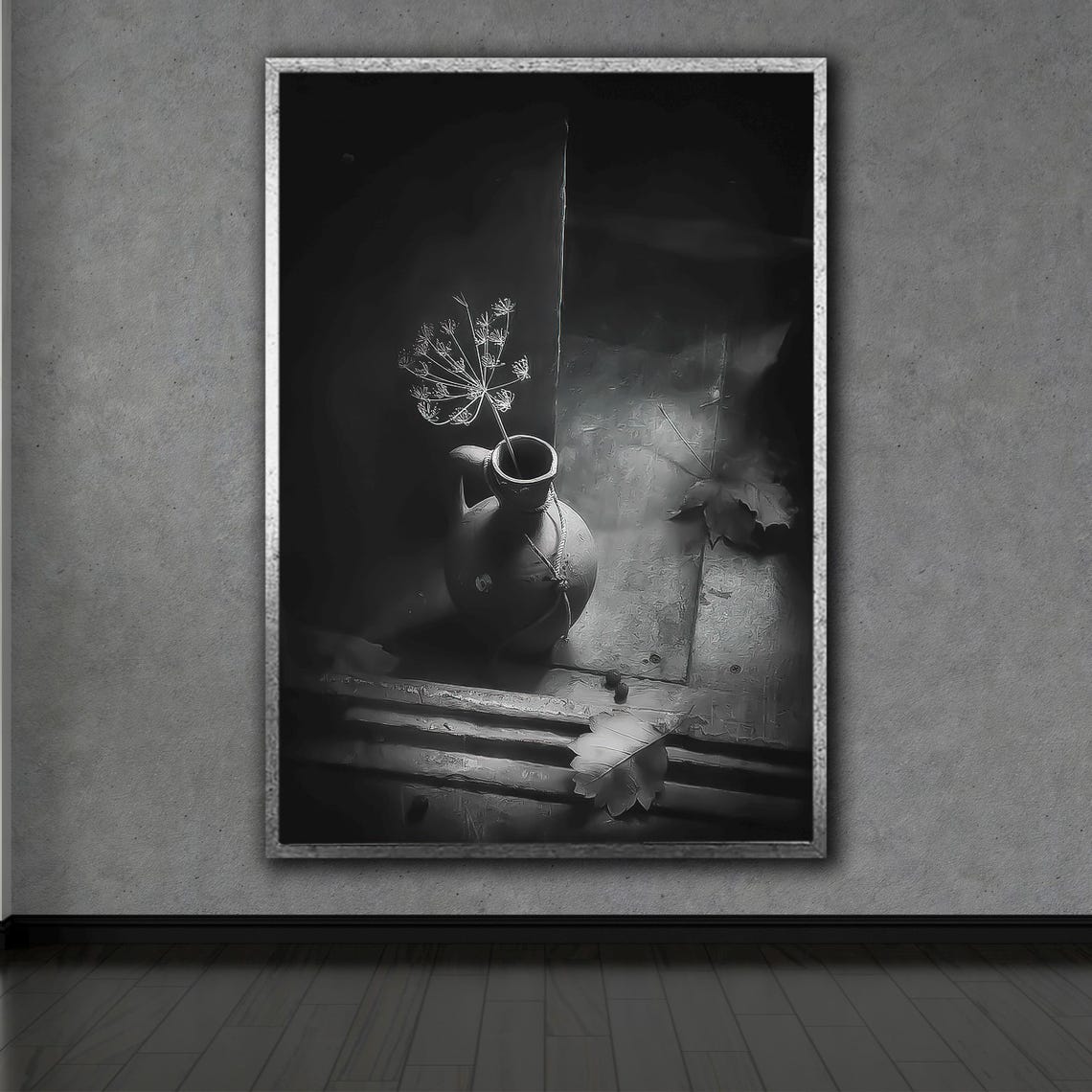 Black and White Still Life Vase With Dried Flower Minimalist Art Print