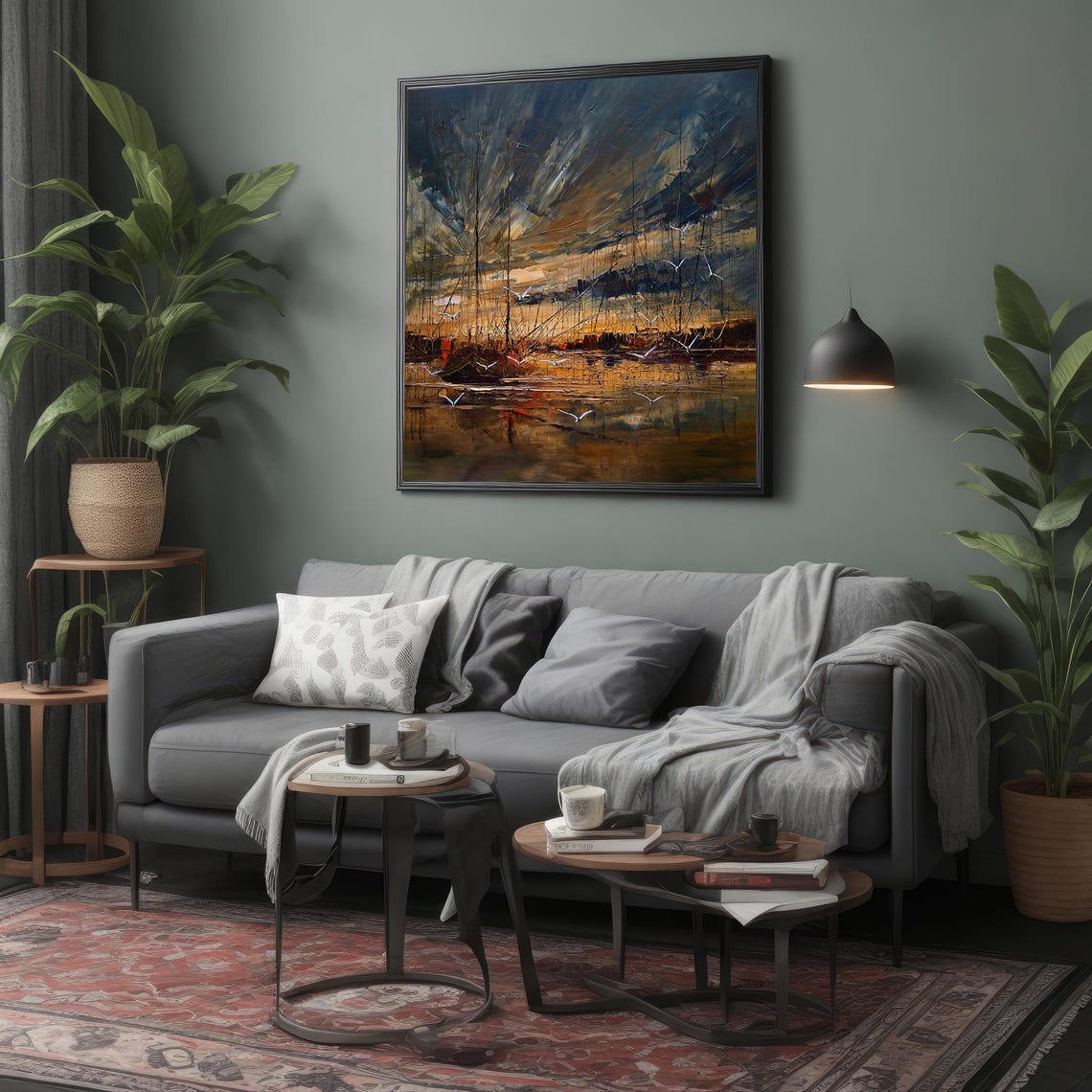 Sailboats Harbor Dusk Impressionist Blue Gold Seagulls Art Poster - Image 4