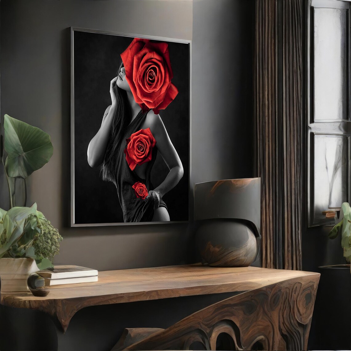 Woman With Giant Red Roses Black and White Fashion Art Photo Poster - Image 4