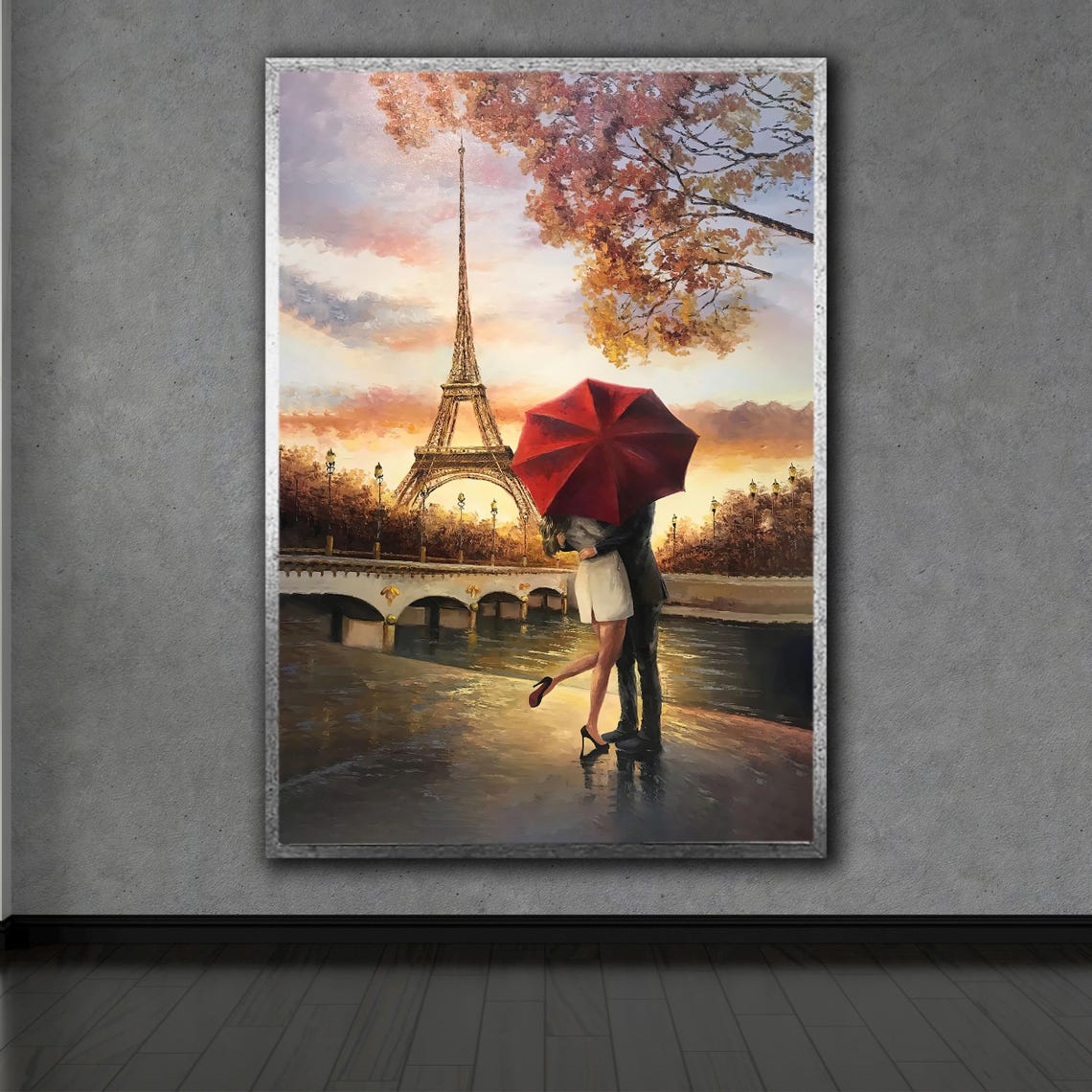 Couple With Red Umbrella by the Eiffel Tower Paris Romance Art Poster - Image 2