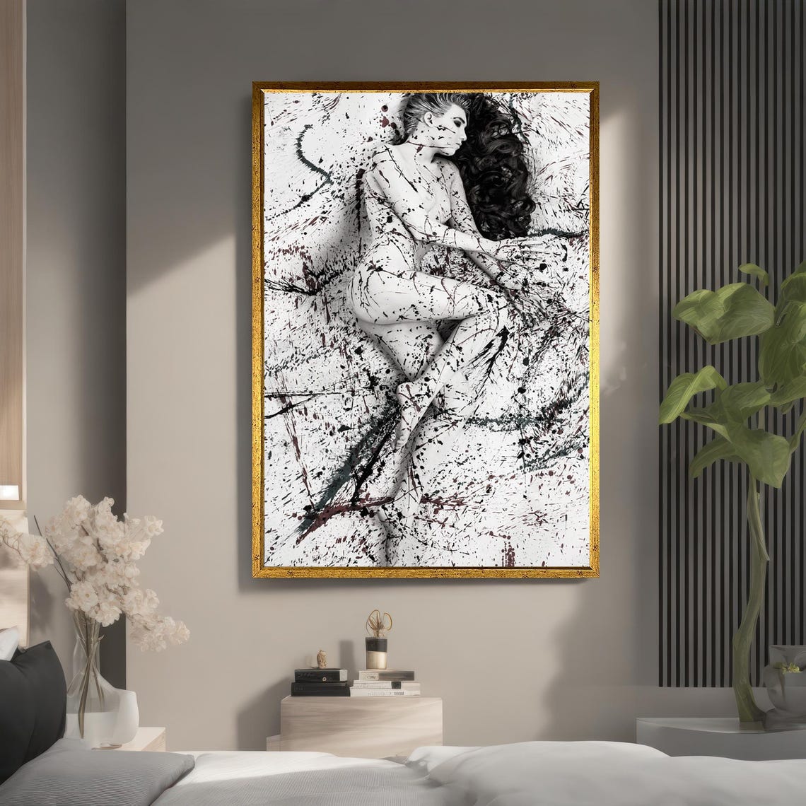 Black and White Nude Woman Paint Splatter Expressive Art Poster - Image 4