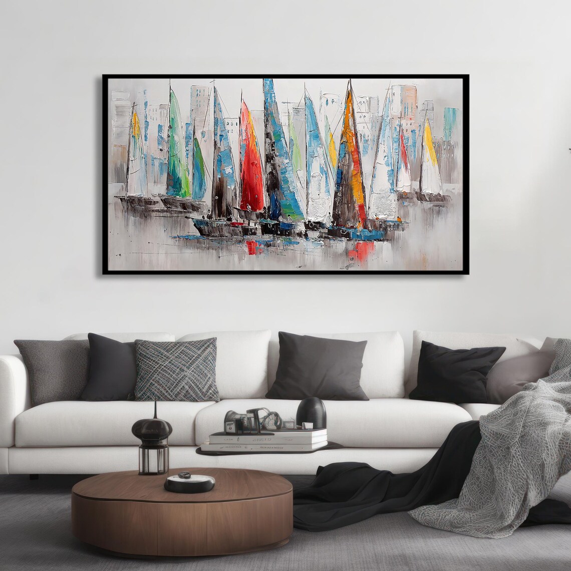Colorful Abstract Sailboats Regatta Oil Painting Nautical Wall Art - Image 2