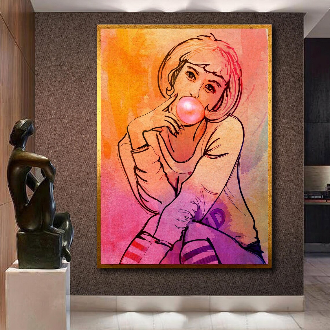 Girl Blowing Pink Bubblegum Pop Art Watercolor Painting Wall Art