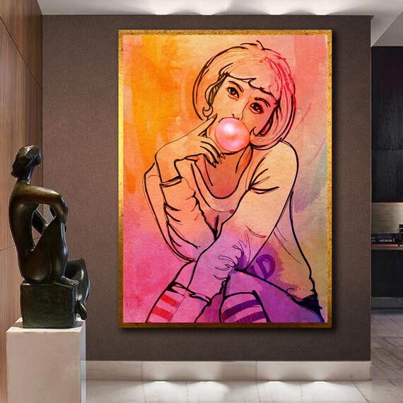 Girl Blowing Pink Bubblegum Pop Art Watercolor Painting Wall Art