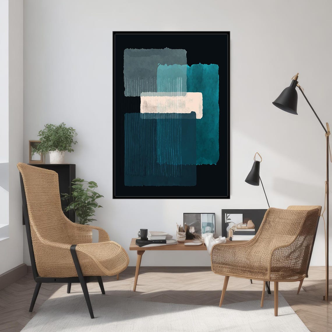 Teal Blue White Abstract Color Blocks Dark Modern Minimalist Poster - Image 3