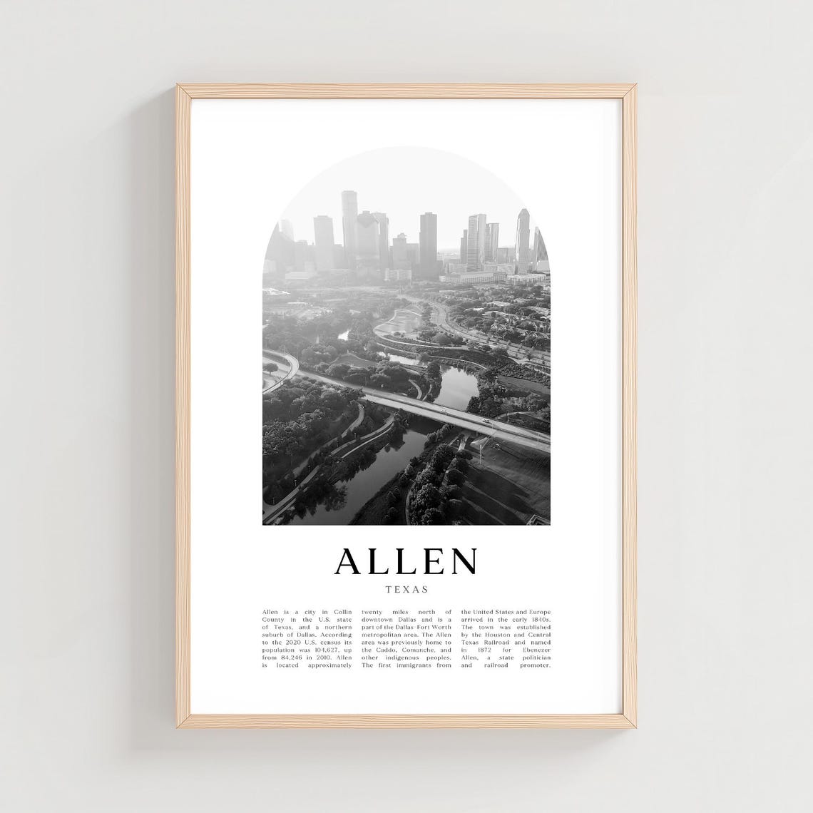 Allen Texas City Skyline Aerial Black and White Urban Poster