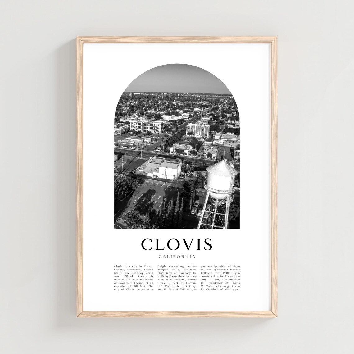 Clovis California Black and White Aerial City Arch Photo Poster