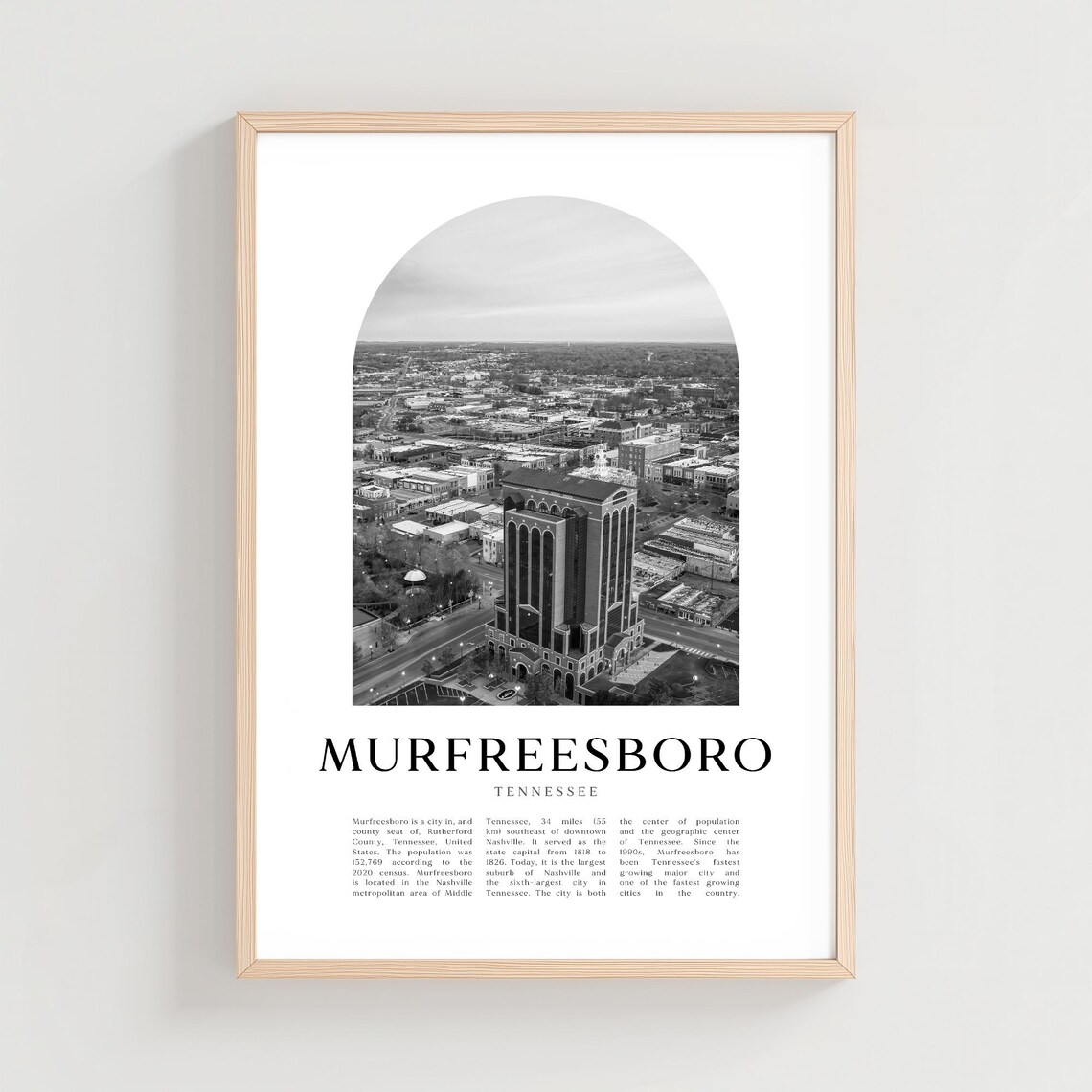 Murfreesboro Tennessee Black and White Aerial City Photo Poster