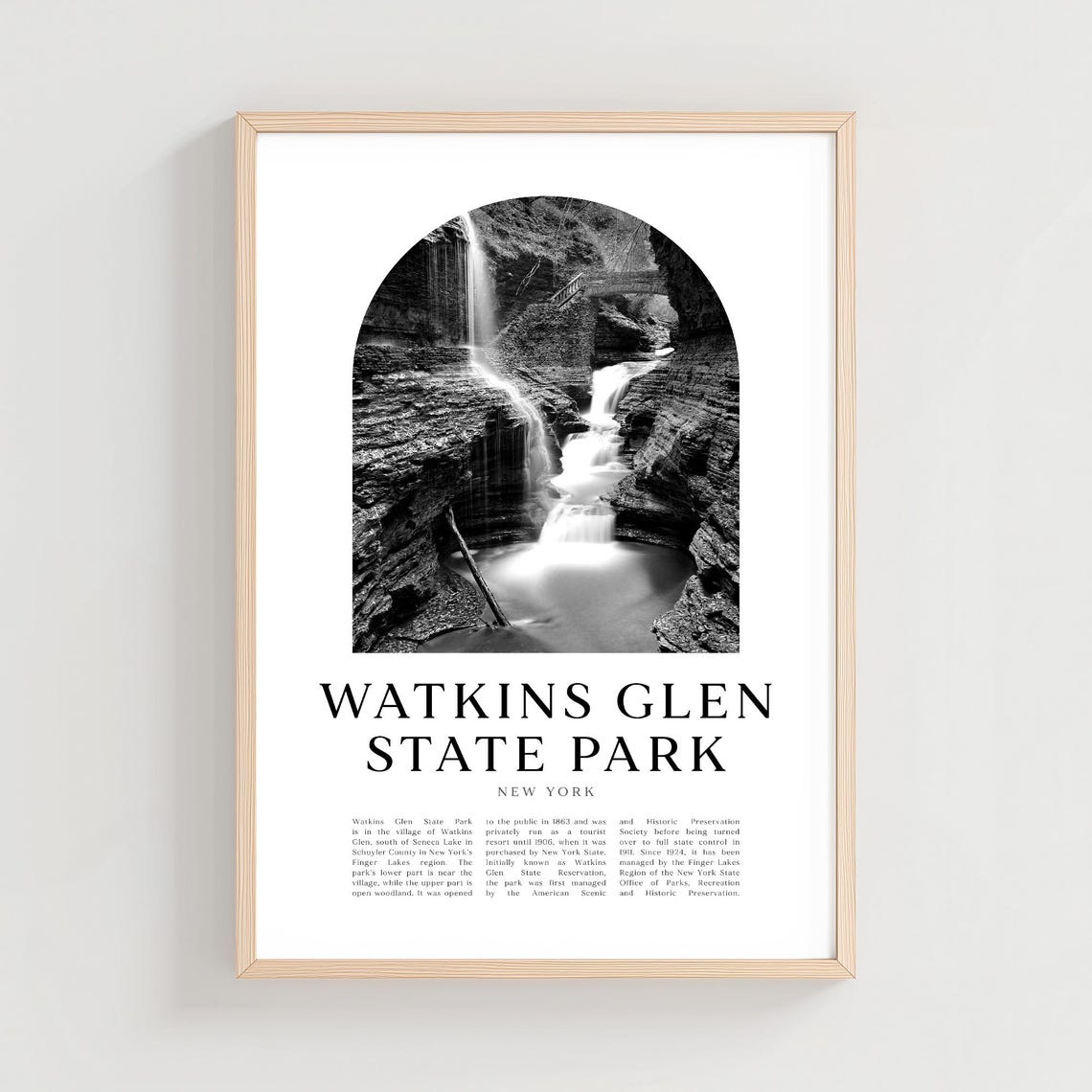 Watkins Glen State Park Waterfall Gorge Black White Nature Poster