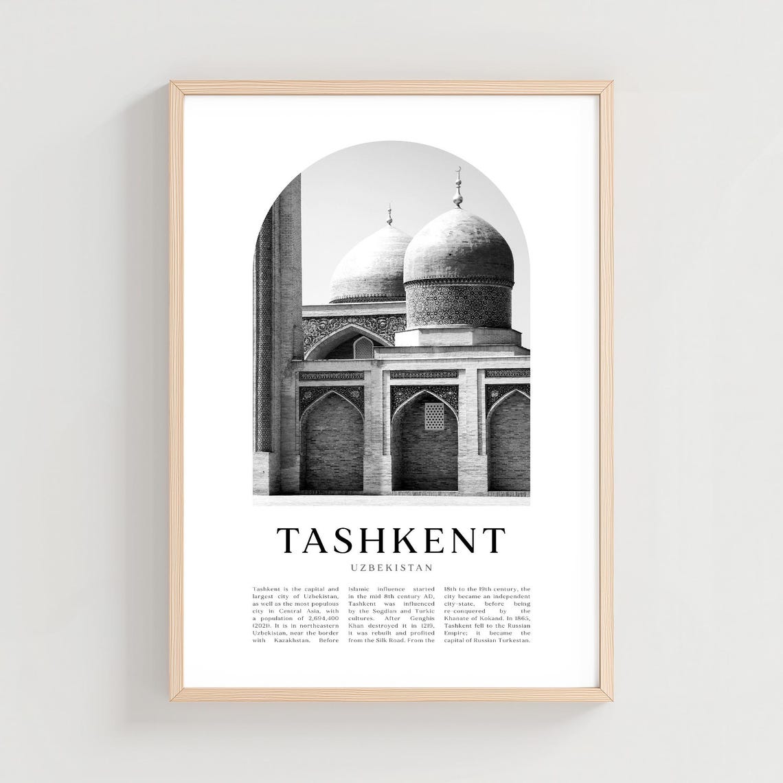 Tashkent Uzbekistan Black and White Historic Mosque Travel Poster