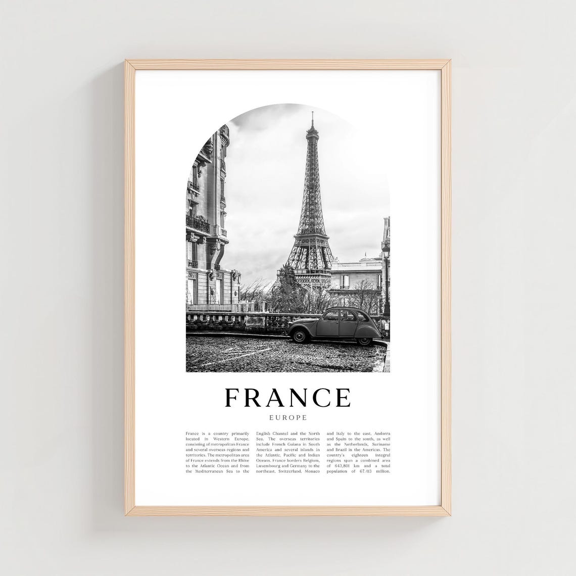 France Eiffel Tower Black and White Vintage Car Travel Poster