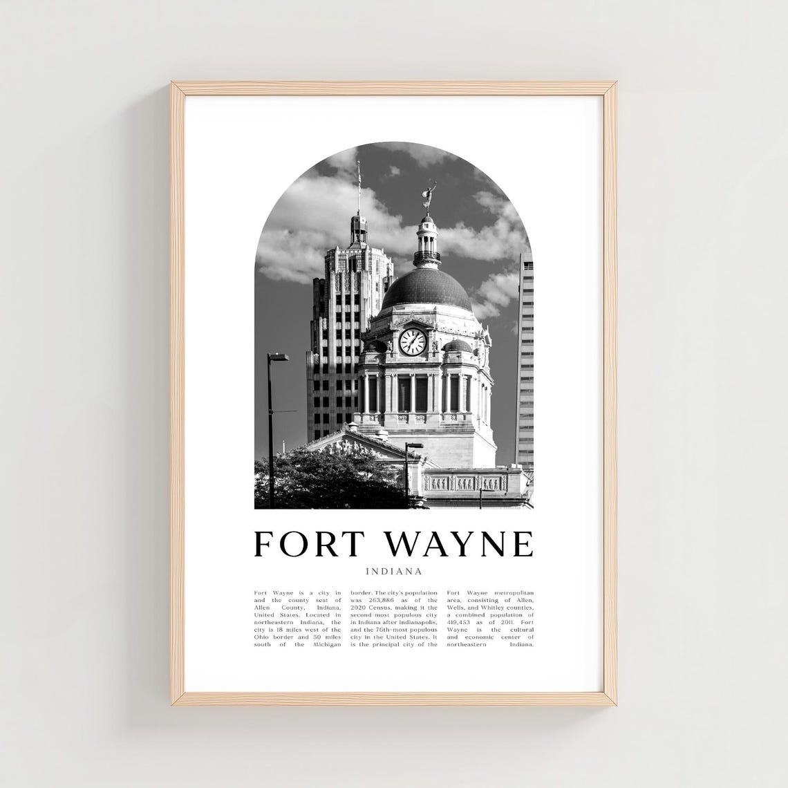 Fort Wayne Indiana Historic Courthouse Black and White City Print