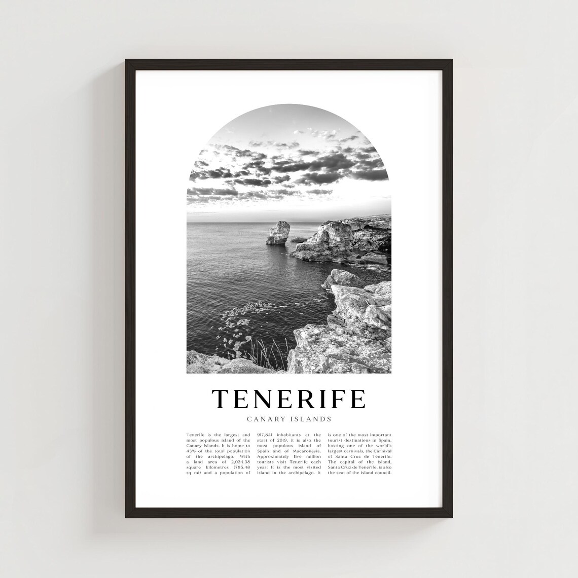 Tenerife Canary Islands Black and White Rocky Coast Travel Poster