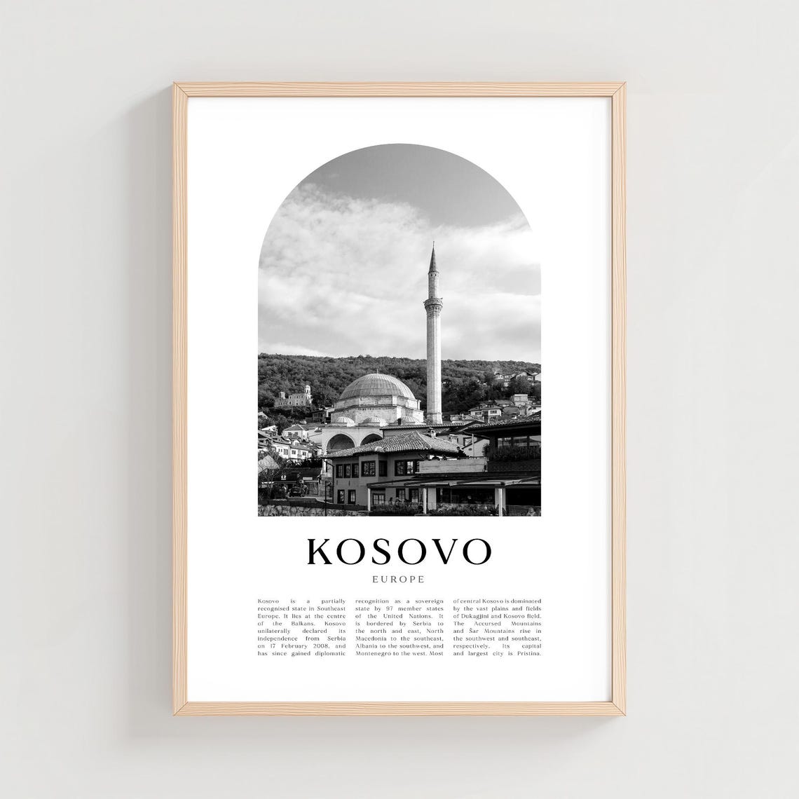 Kosovo Europe Mosque Black and White Photography Poster Edition