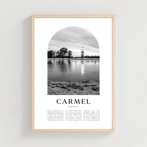 Carmel Indiana Lake Tower Dusk Reflection Black and White Photo Poster