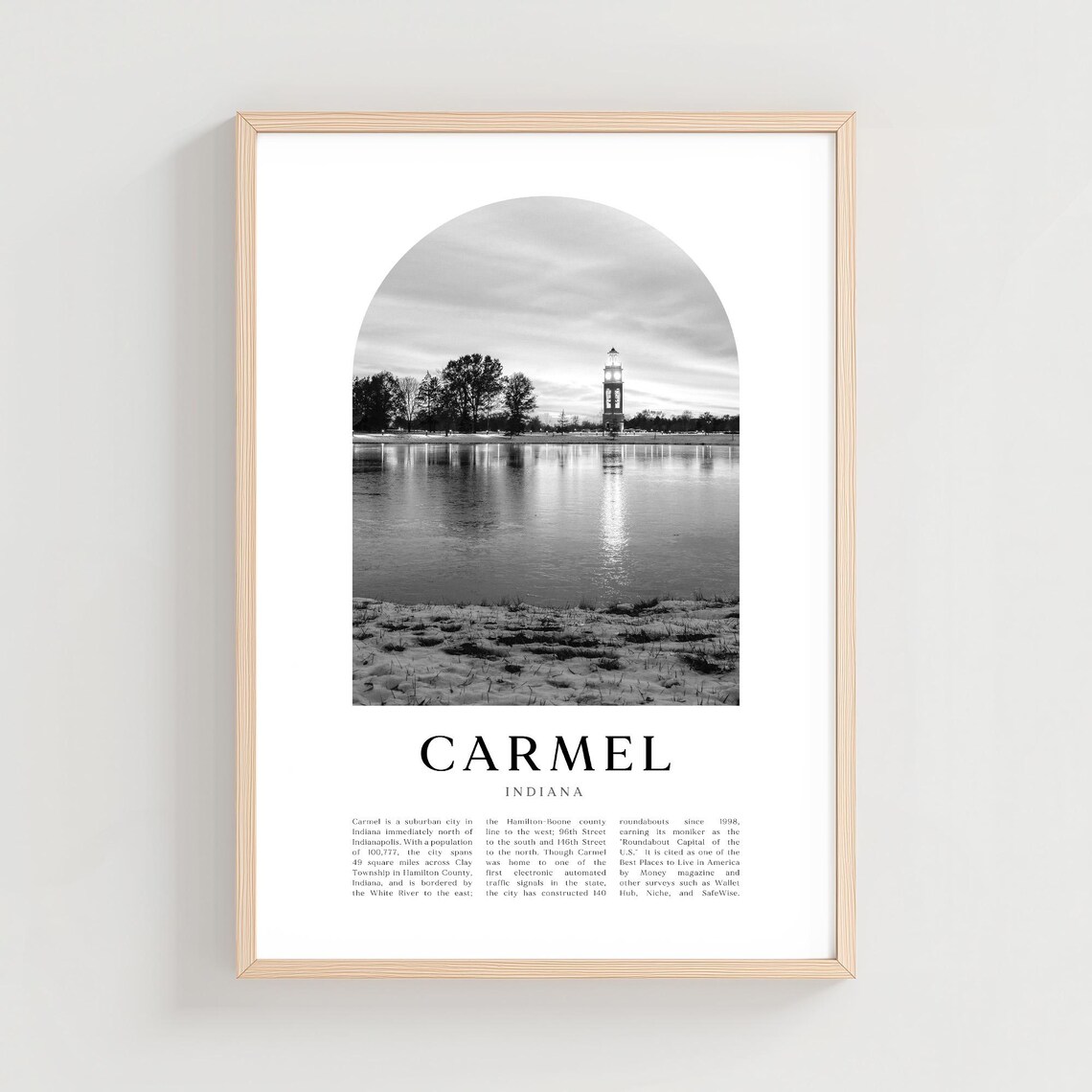 Carmel Indiana Lake Tower Dusk Reflection Black and White Photo Poster