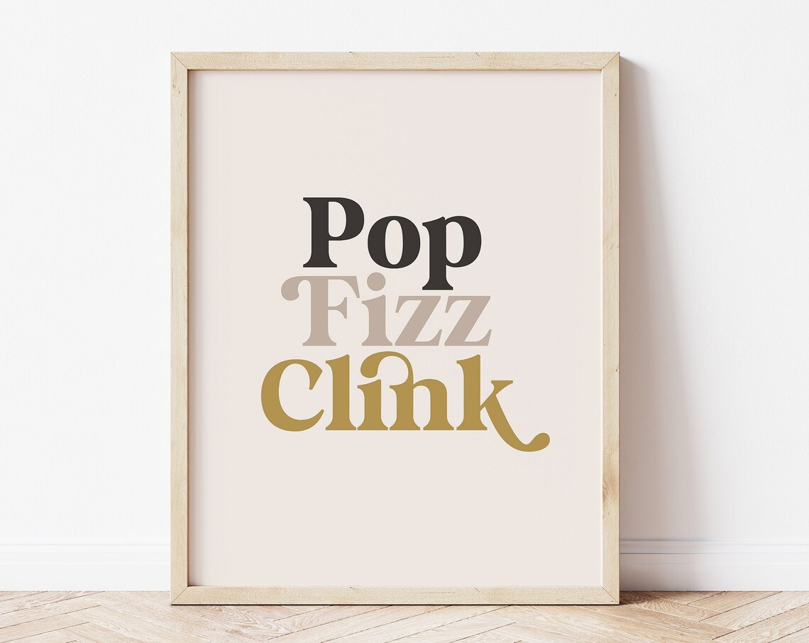 Pop Fizz Clink Retro Typography Gold Champagne Bar Cart Party Poster