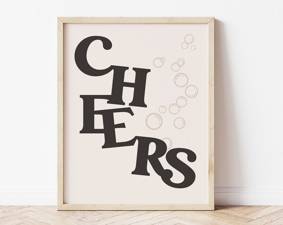 Cheers Retro Typography Print Black Cream Bar Cart Champagne Wall Art