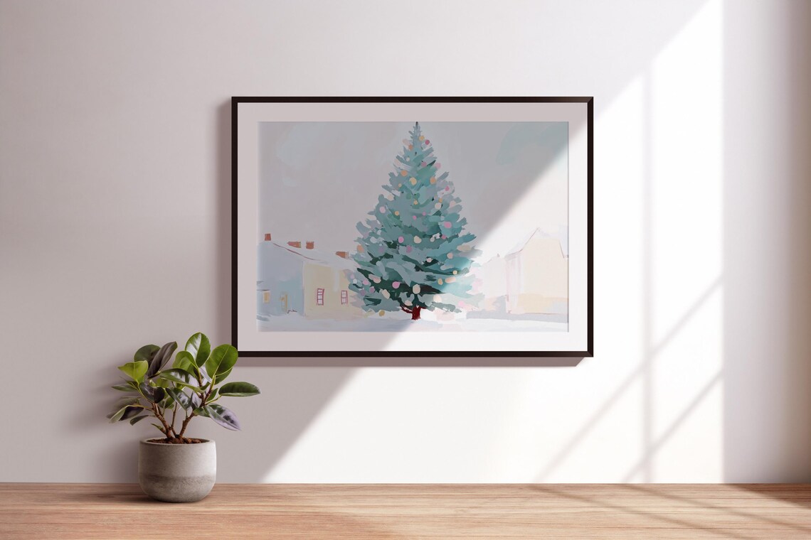 Pastel Christmas Tree Gold Star Snowy Street Winter Art Poster - Image 3