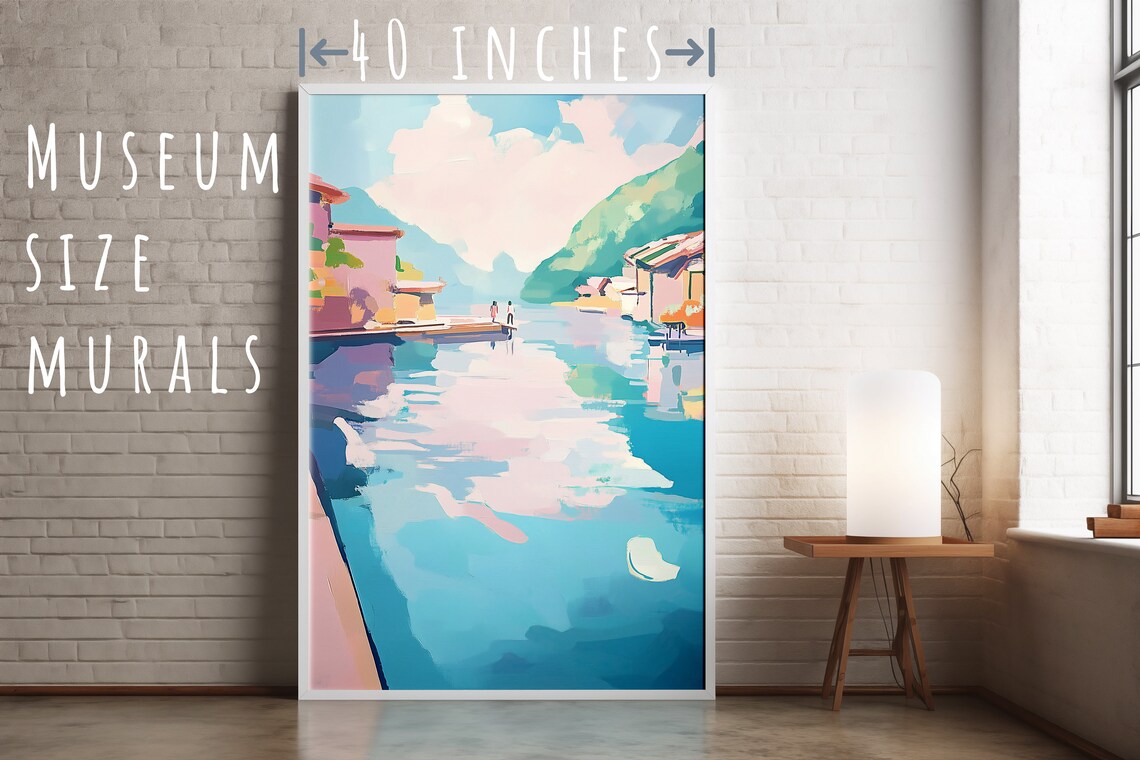Couple on Dock in Colorful Lakeside Village Canal Pastel Travel Poster - Image 5
