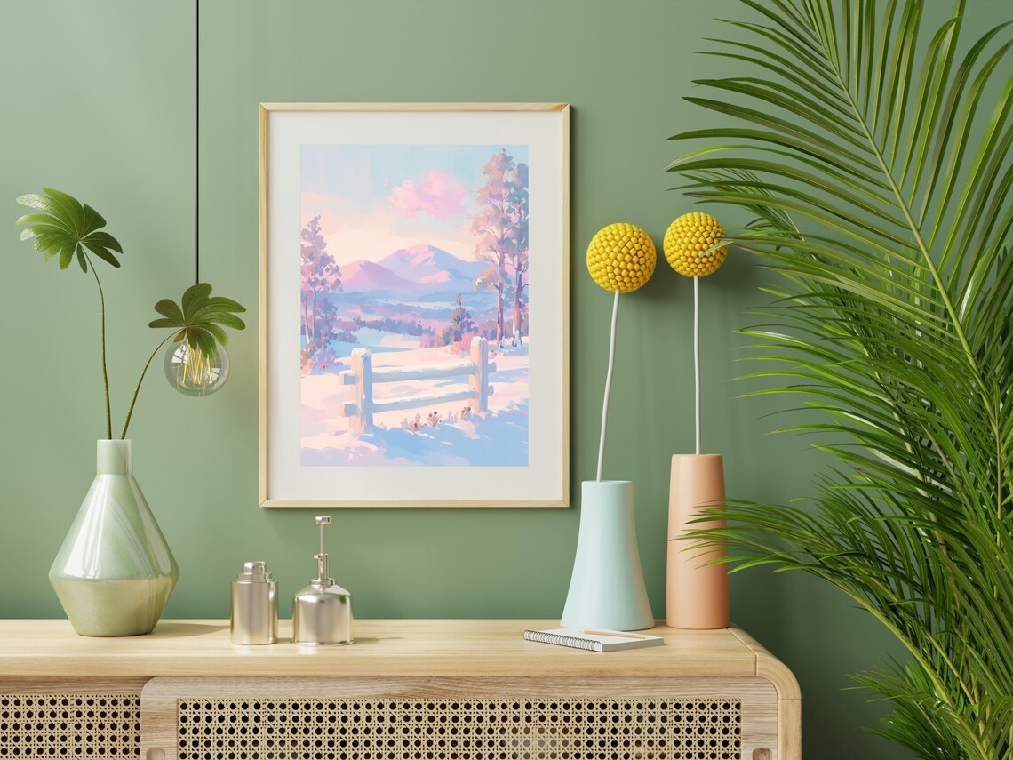 Pastel Winter Sunrise Over Snowy Hills And Split Rail Fence Print - Image 4