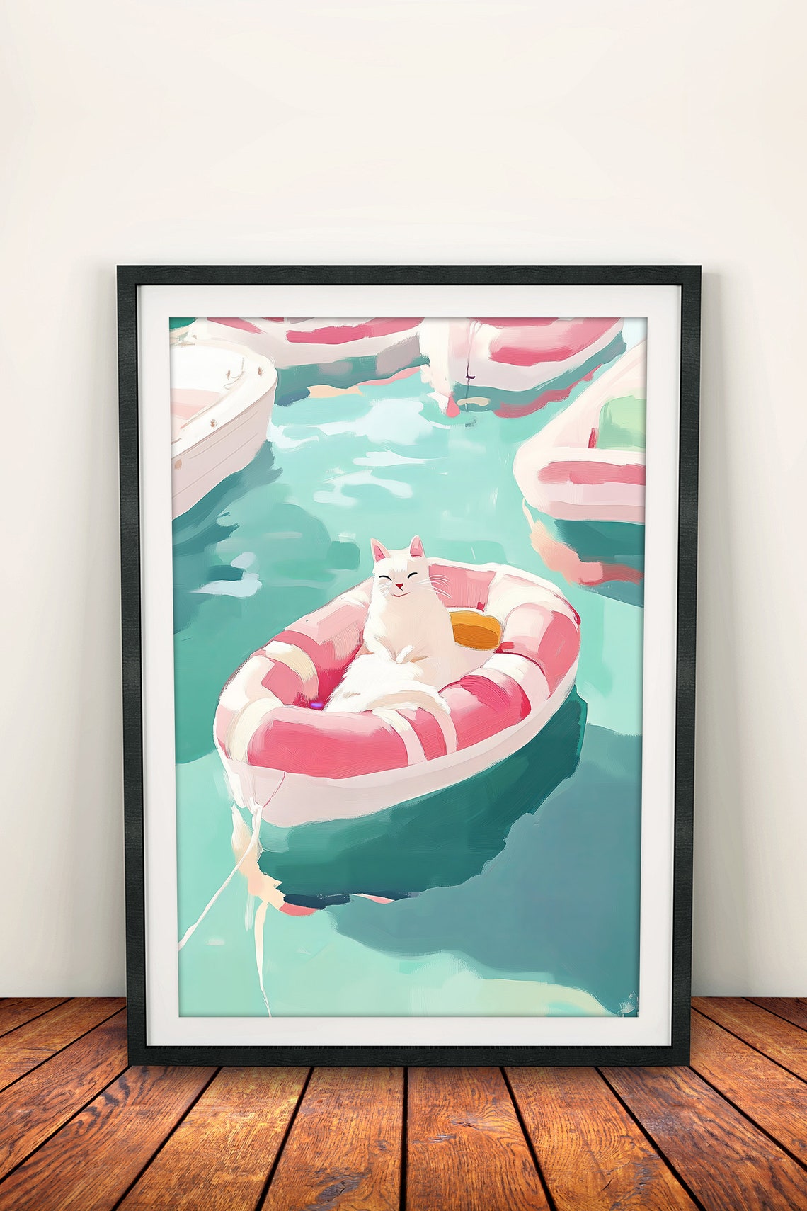 Funny White Cat Lounging on Pink Pool Float Summer Art Poster - Image 2