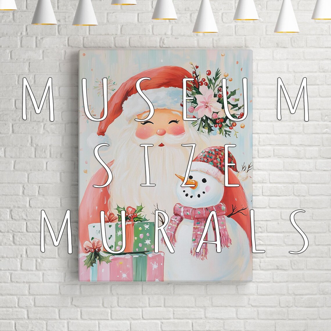 Smiling Santa Claus Snowman Pink Scarf Gifts Christmas Art Print - Image 3