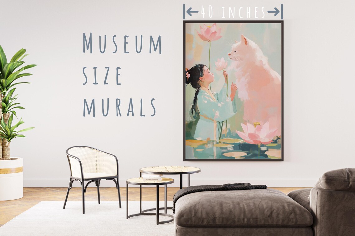 Girl And Giant White Cat Among Pink Lotus Pastel Chinoiserie Print - Image 5