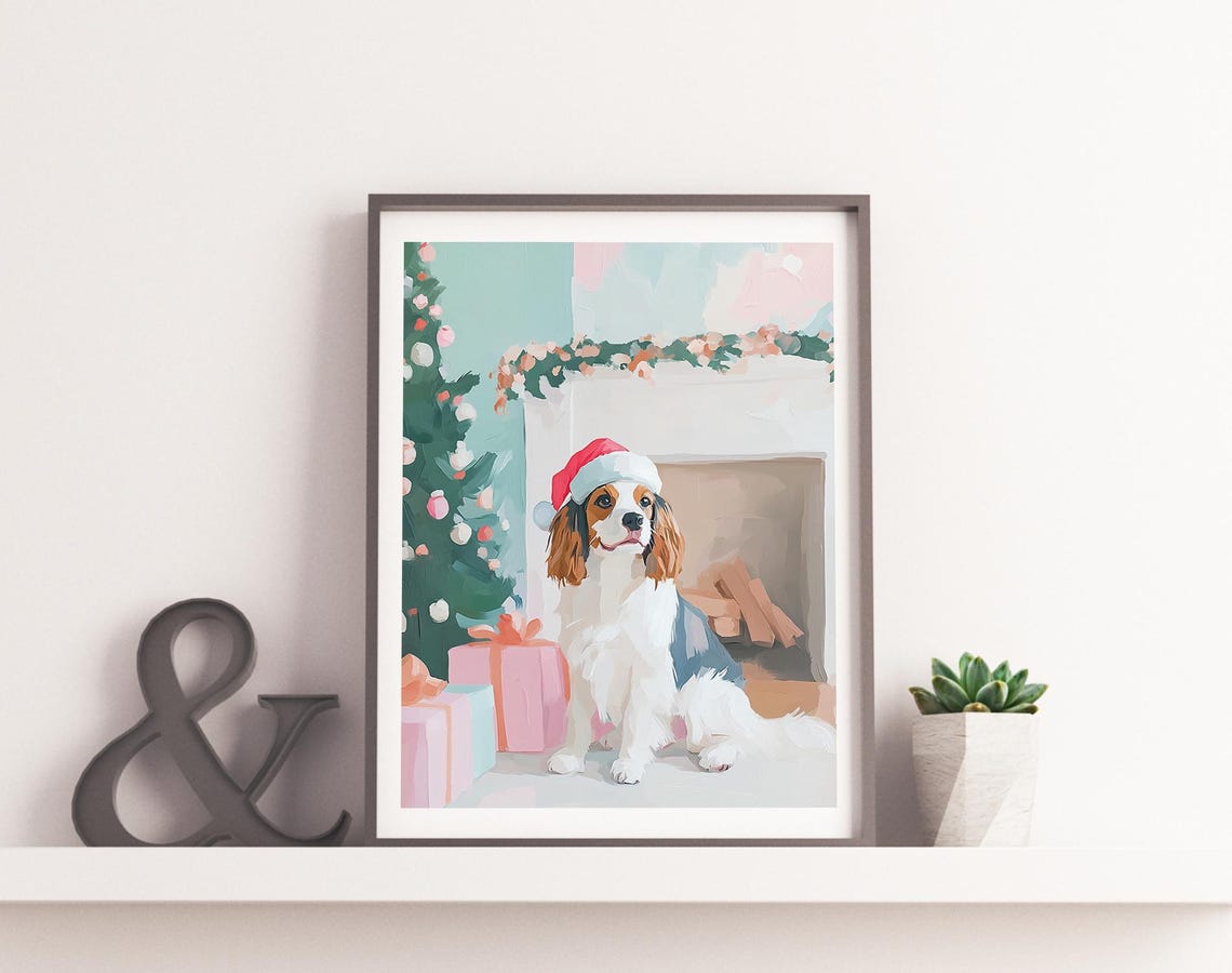 Cavalier King Charles Spaniel In Santa Hat By The Fireplace Print - Image 4