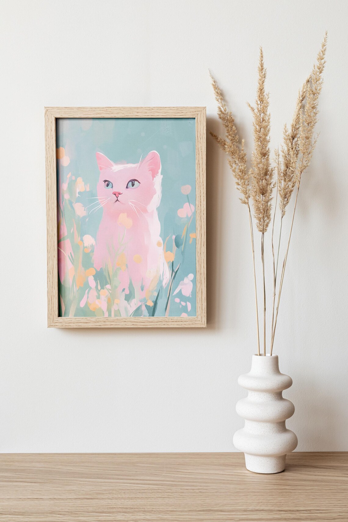 Pink Pastel Cat Blue Eyes Wildflower Garden Cute Kitty Art Print - Image 4